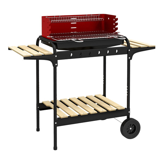 Outsunny Charcoal BBQ in red with two wooden side shelves and a lower shelf