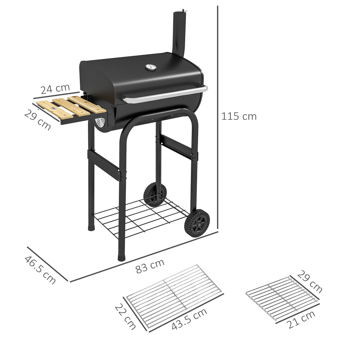 The charcoal grill shown with technical lines and labels indicating the overall dimensions
