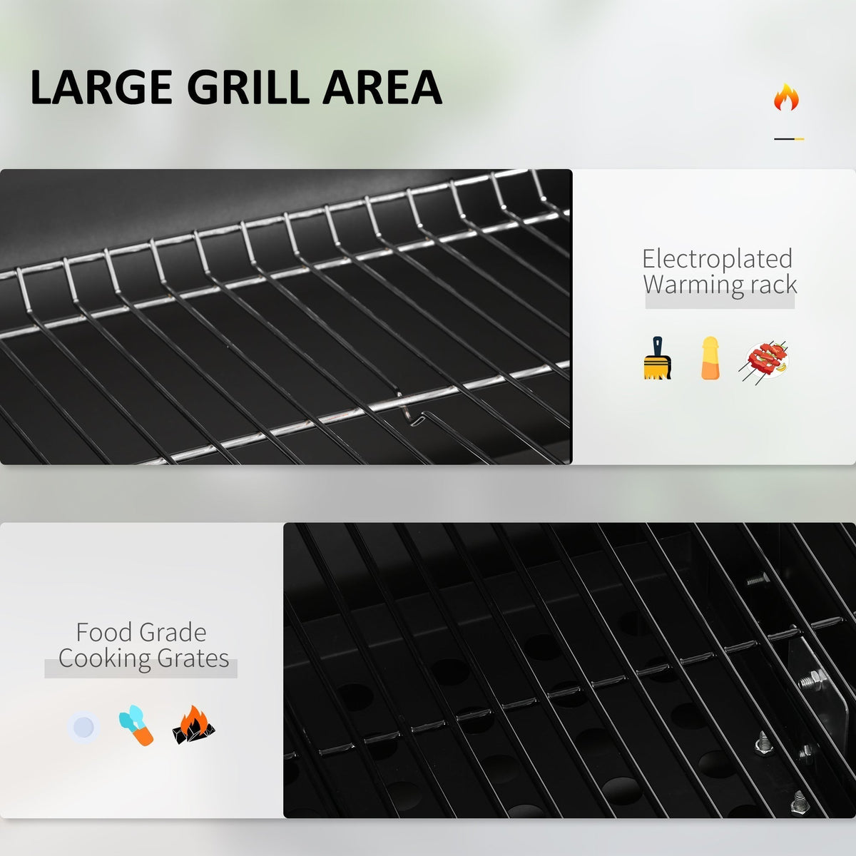 The charcoal grill shows food grade cooking grates and an electroplated warming rack