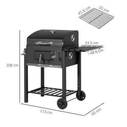 A charcoal grill with dimensions shown for height, width and depth