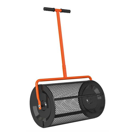 Outsunny Compost Spreader, a garden spreader with an orange T-shaped handle and a black mesh basket on a white background