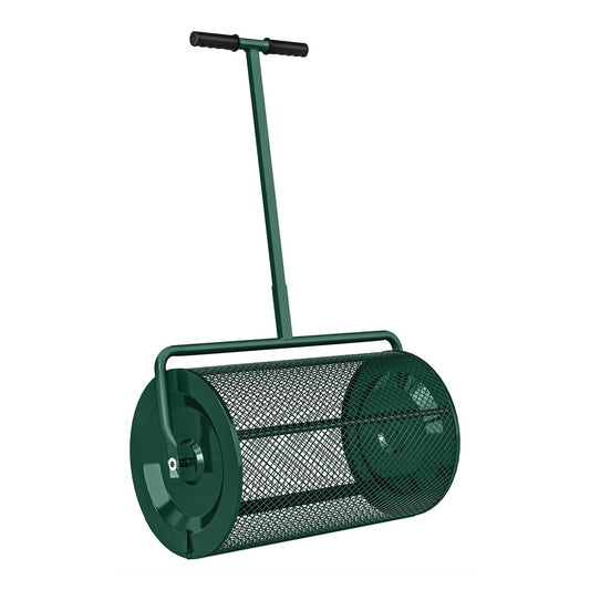 Outsunny Compost Spreader, a green garden spreader with a T-shaped handle and a mesh basket