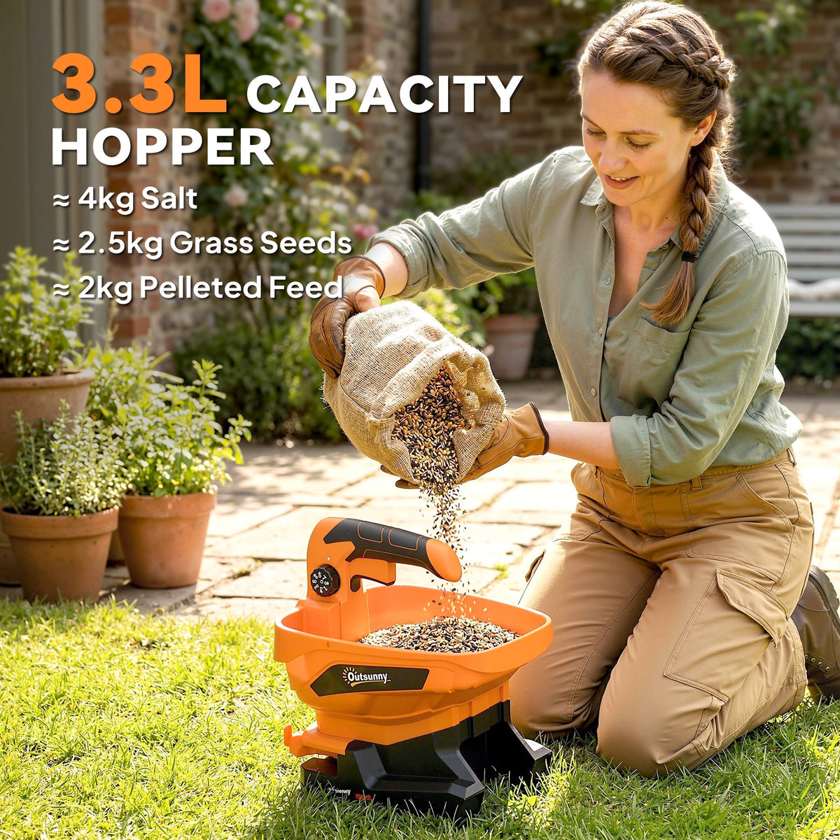 A woman filling the cordless spreader with seeds from a burlap sack, showing the hopper capacity