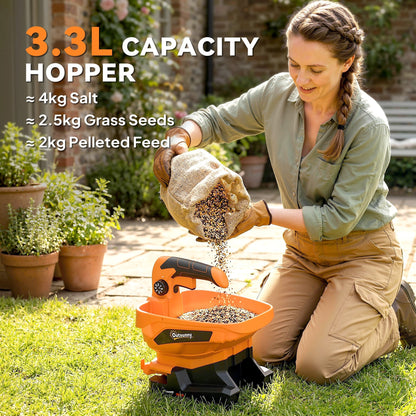 A woman filling the cordless spreader with seeds from a burlap sack, showing the hopper capacity