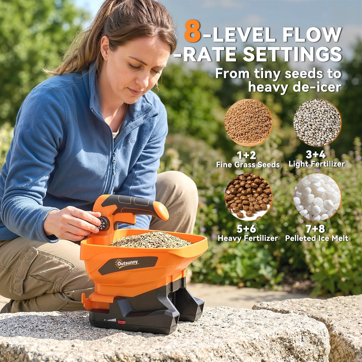 Handheld garden spreader showing flow rate settings for seeds and de-icer