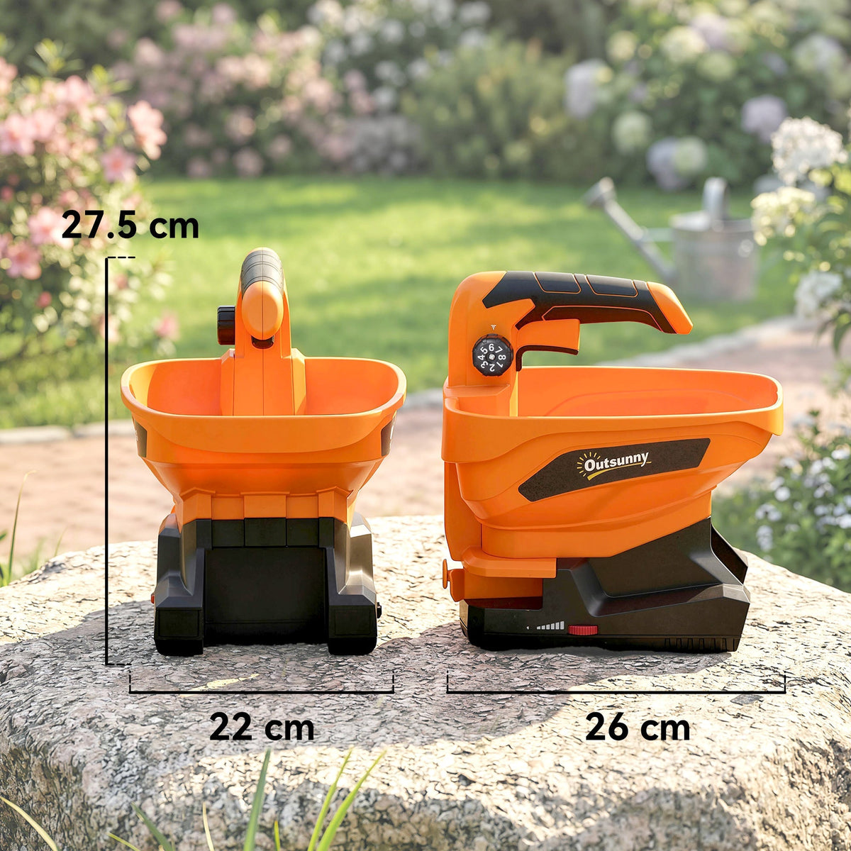 Two cordless spreaders shown side by side with dimensions indicated for comparison