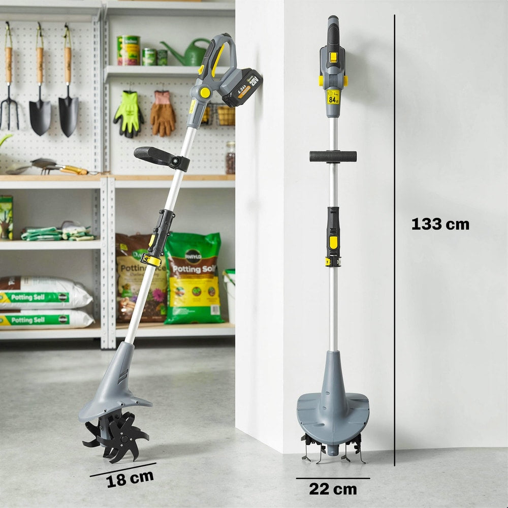 Cordless electric garden rotavator shown with a diagram of its dimensions