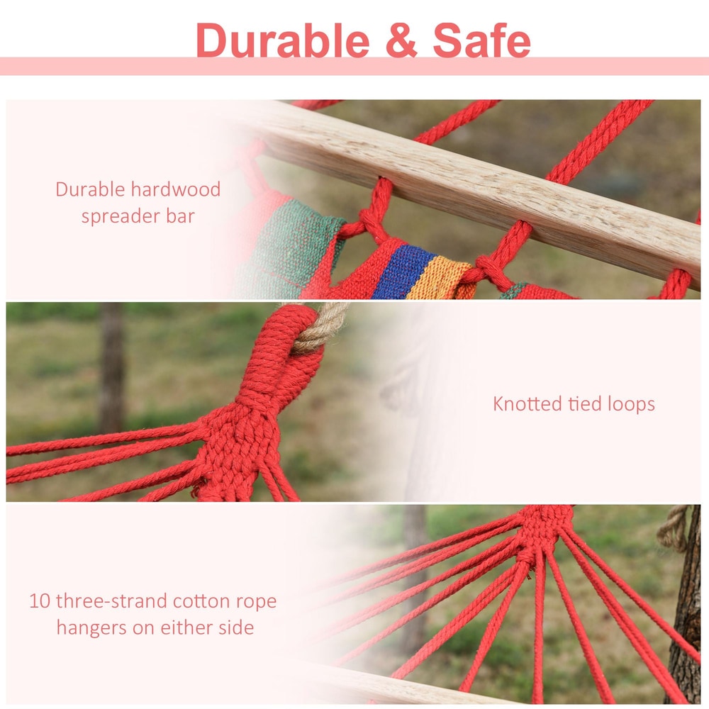 Close up of the wooden spreader bar and rope attachments on the striped hammock