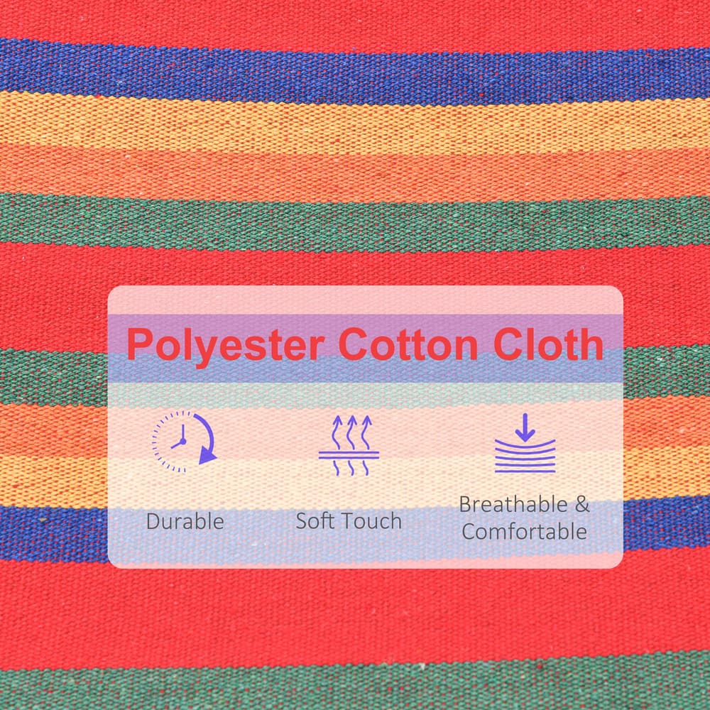 Close up of the fabric on the striped hammock with icons for durability and comfort