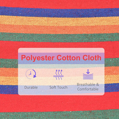 Close up of the fabric on the striped hammock with icons for durability and comfort