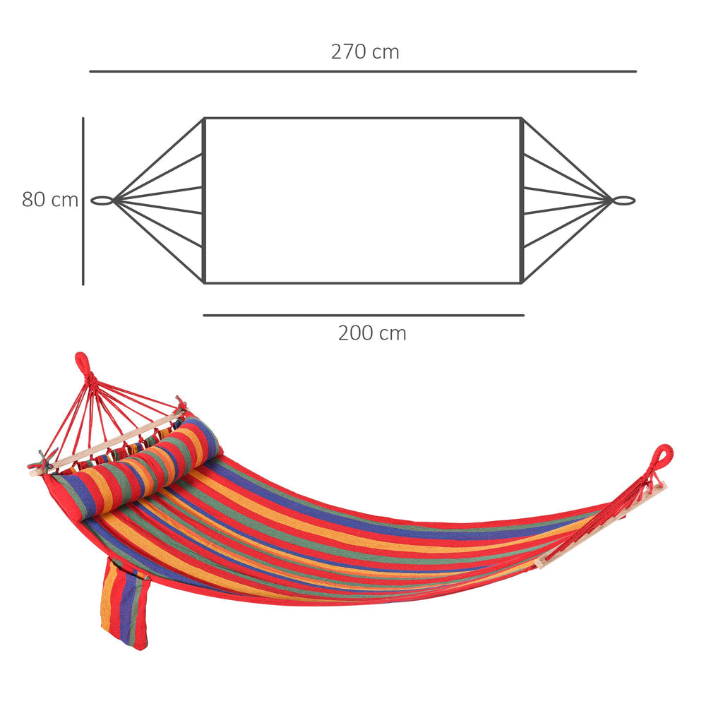 Diagram showing the dimensions of the rainbow striped cotton hammock