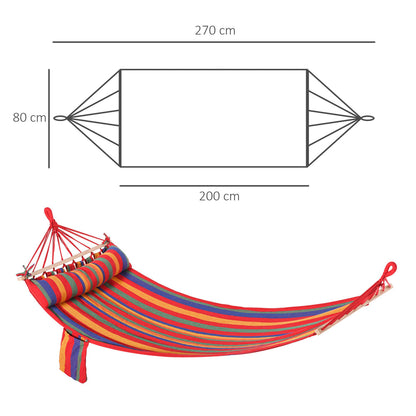 Diagram showing the dimensions of the rainbow striped cotton hammock