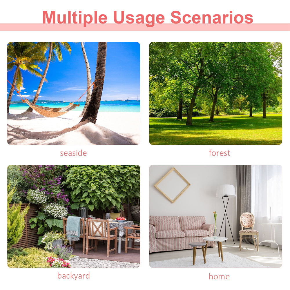 Collage showing the striped hammock in various settings: beach, park, garden and living room