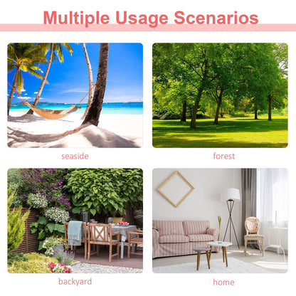 Collage showing the striped hammock in various settings: beach, park, garden and living room