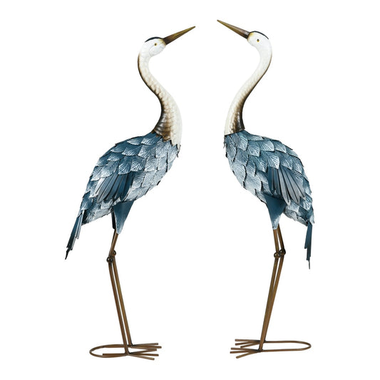 Outsunny Crane Garden Ornaments, a pair of decorative metal cranes with blue and white bodies and long legs