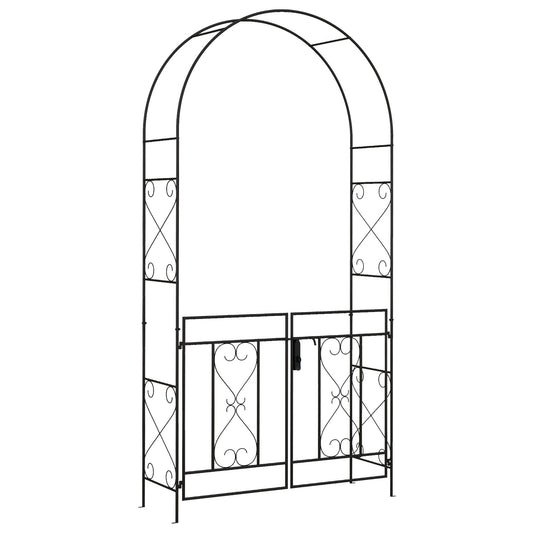Outsunny Decorative Garden Arch, a black metal archway with a double gate and decorative scrollwork