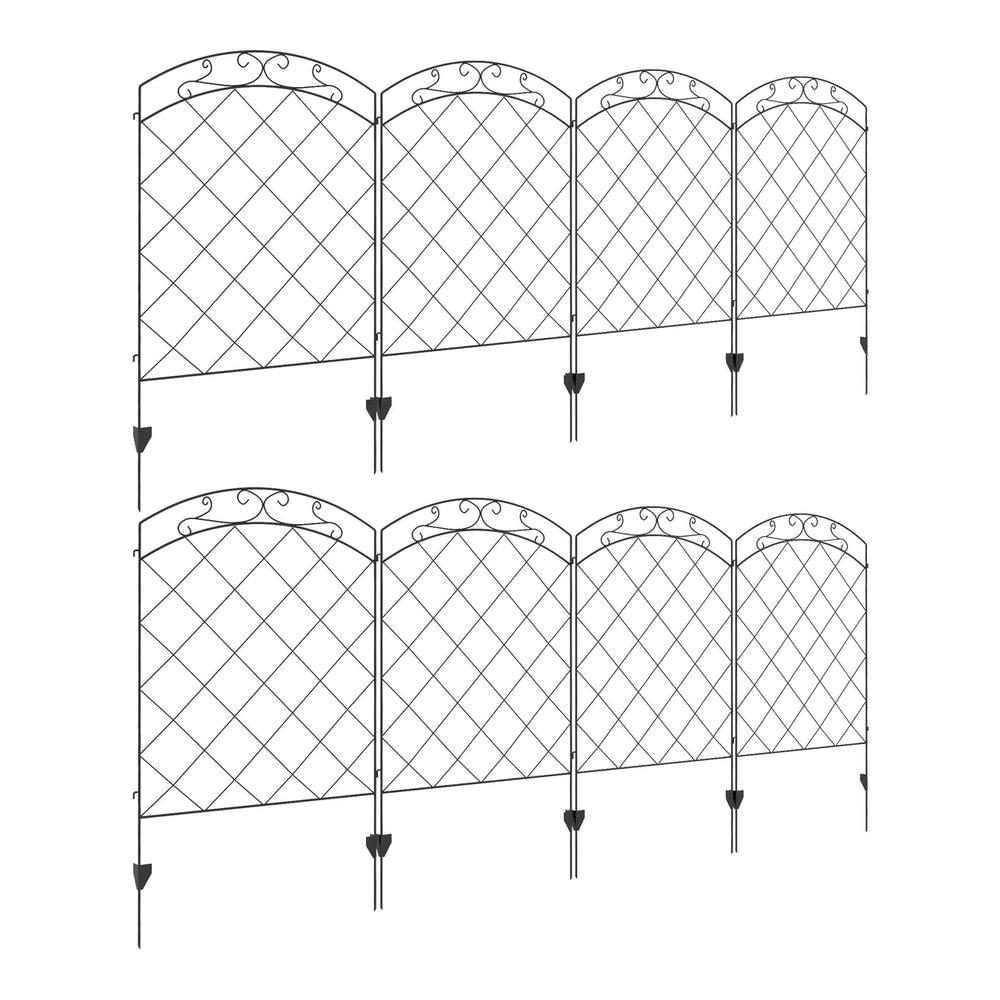 Outsunny Decorative Garden Fencing, a set of four black metal garden fence panels with decorative swirls at the top