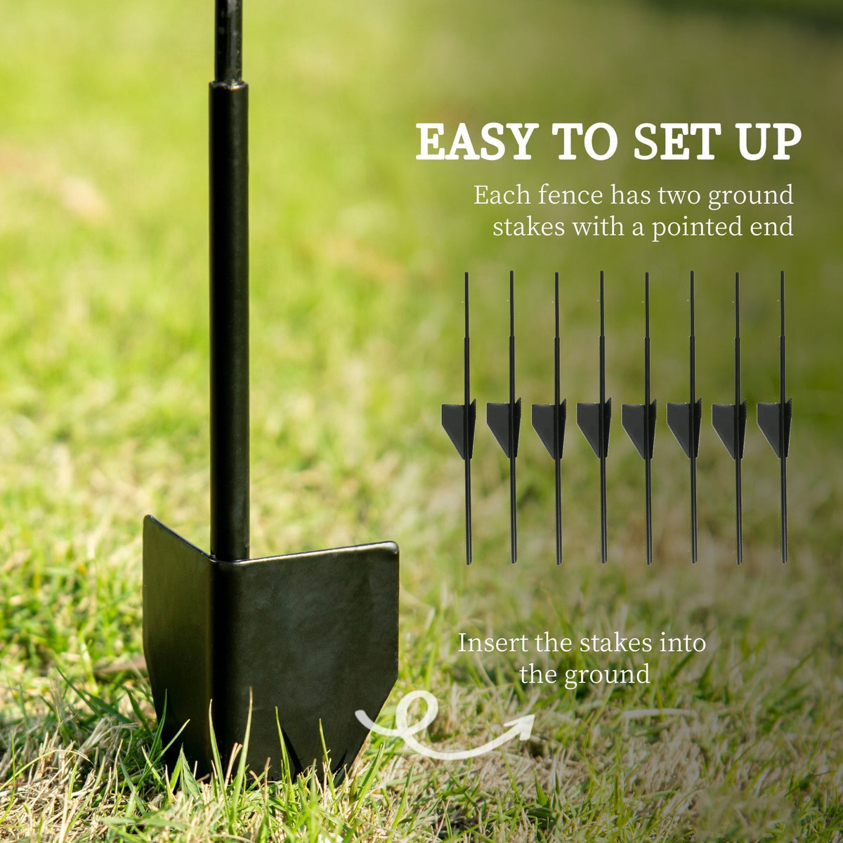 Close-up of a ground stake for the decorative garden fencing, with text explaining how to insert it