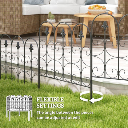 Decorative garden fencing shown in a garden setting with text about flexible settings