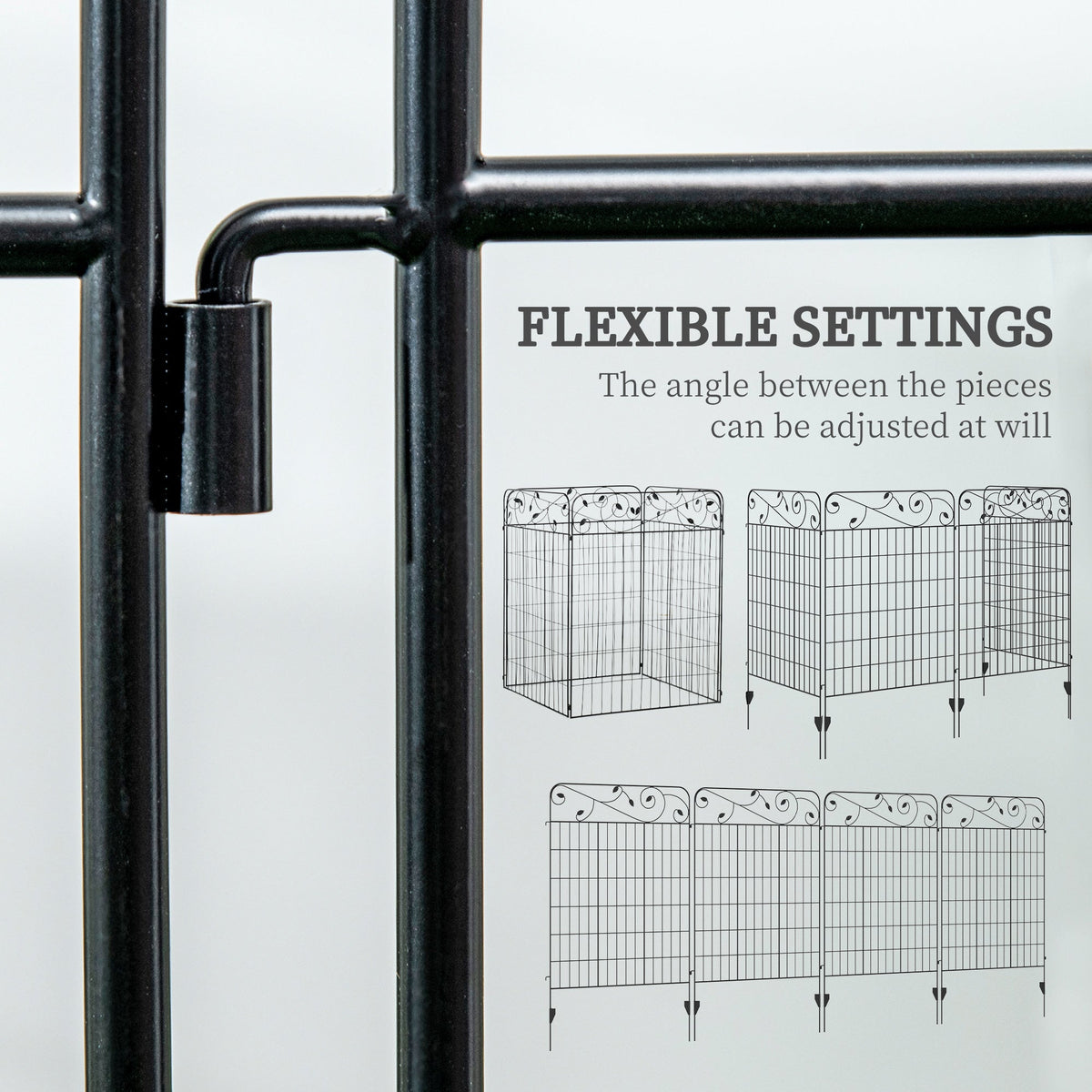 Close-up of the connection between two decorative garden fencing panels, showing flexible settings