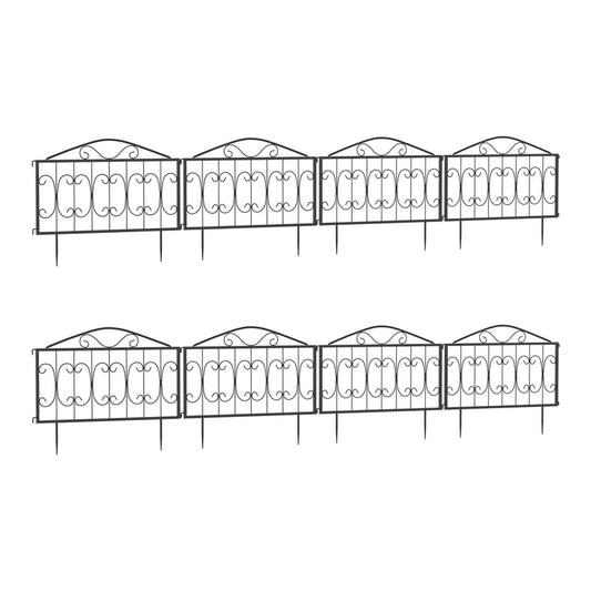 Outsunny Decorative Garden Fencing, a set of eight black metal fence panels arranged in two rows