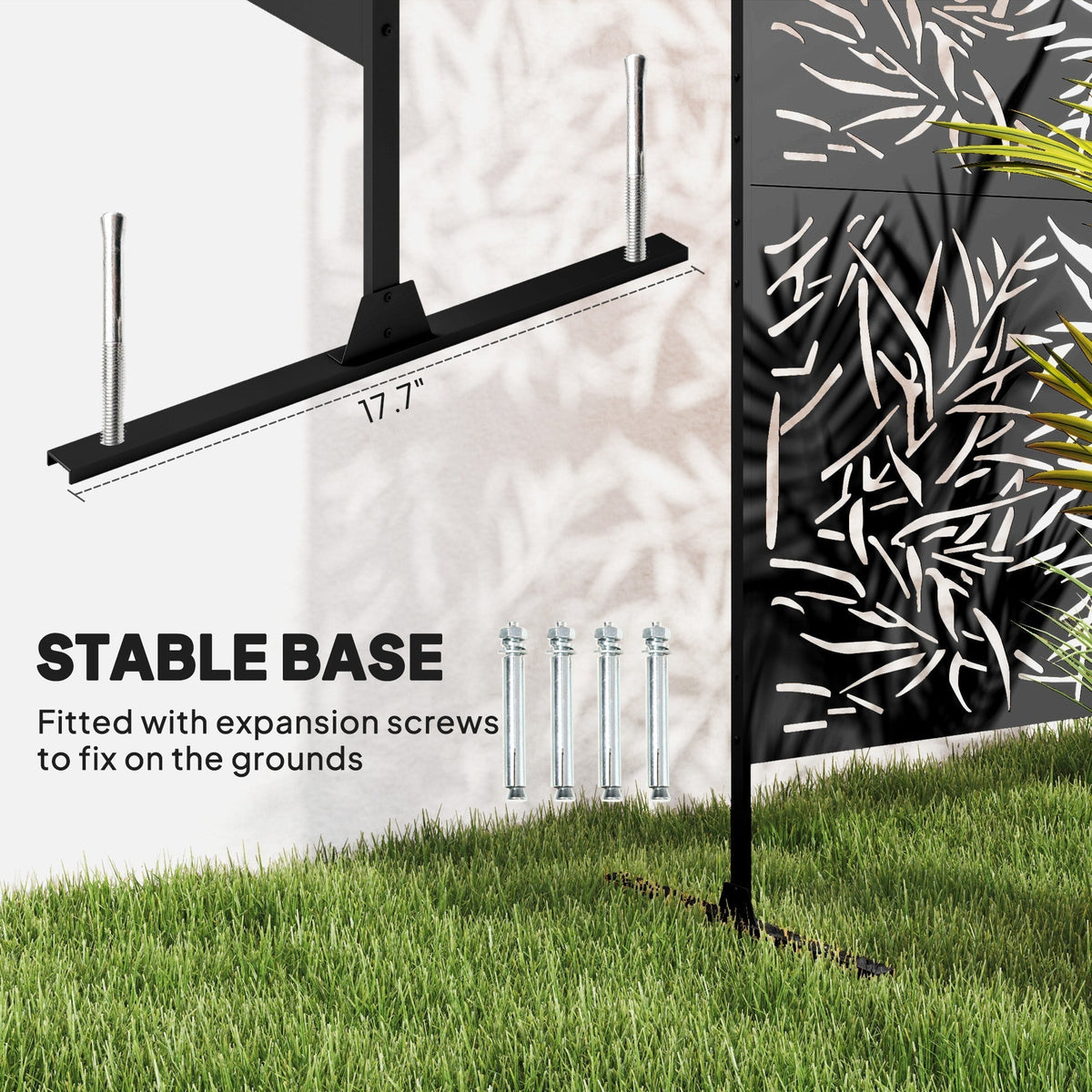 Close-up of the stable base of the freestanding metal outdoor divider with expansion screws