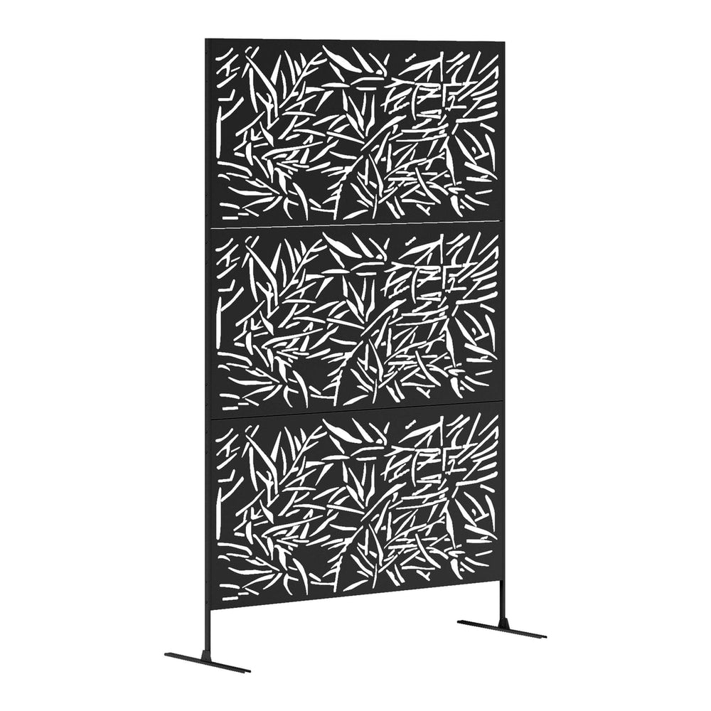 Outsunny Decorative Garden Privacy Screen with Stand, a black metal garden divider with a bamboo leaf pattern