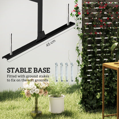 The metal base of the garden screen with ground stakes for securing it into the grass