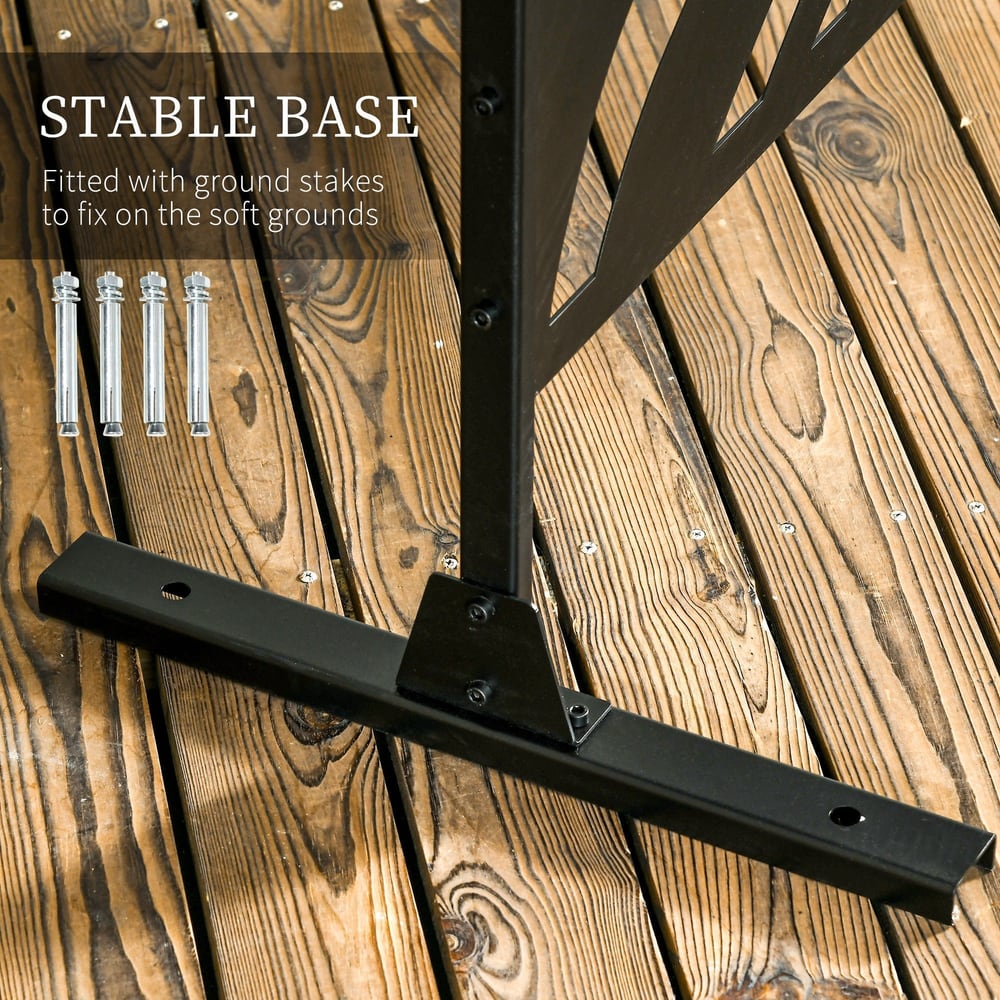 Close-up of the base of the freestanding metal outdoor divider with ground stakes