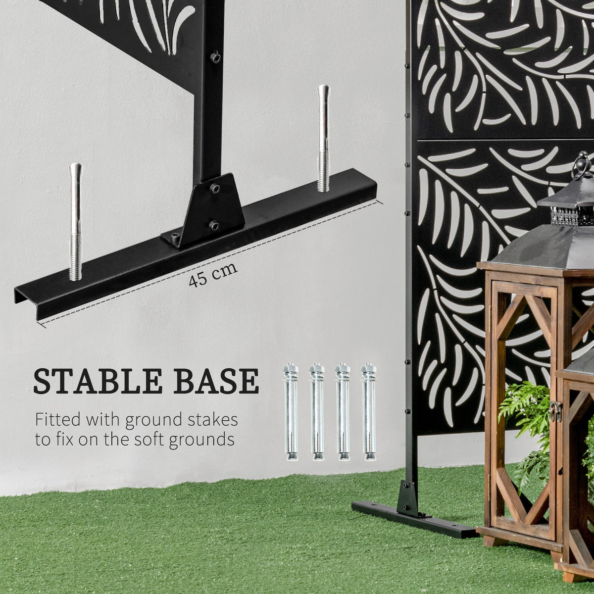 The stable base of the decorative metal outdoor divider with ground stakes
