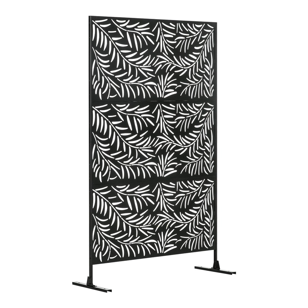 Outsunny Decorative Privacy Screen with Stand, a black metal garden fence with a willow branch pattern