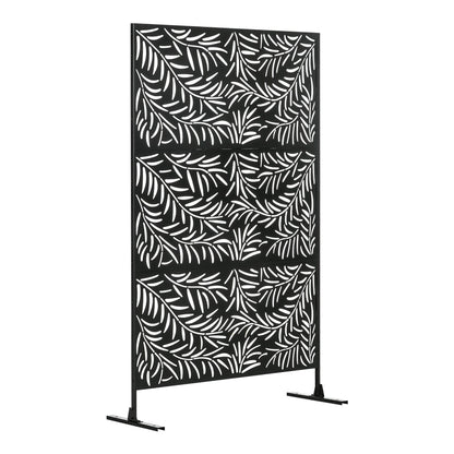 Outsunny Decorative Privacy Screen with Stand, a black metal garden fence with a willow branch pattern