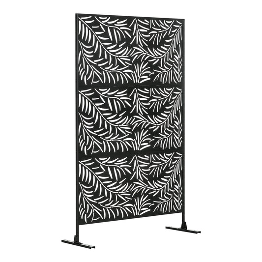 Outsunny Decorative Privacy Screen with Stand, a black metal garden fence with a willow branch pattern