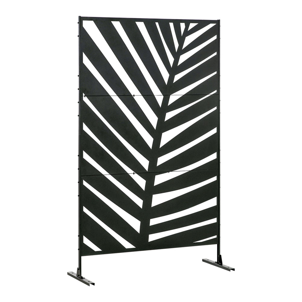 Outsunny Decorative Privacy Screen with Stand, a black metal panel with a banana leaf cut-out design and a freestanding base