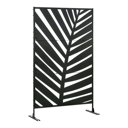 Outsunny Decorative Privacy Screen with Stand, a black metal panel with a banana leaf cut-out design and a freestanding base