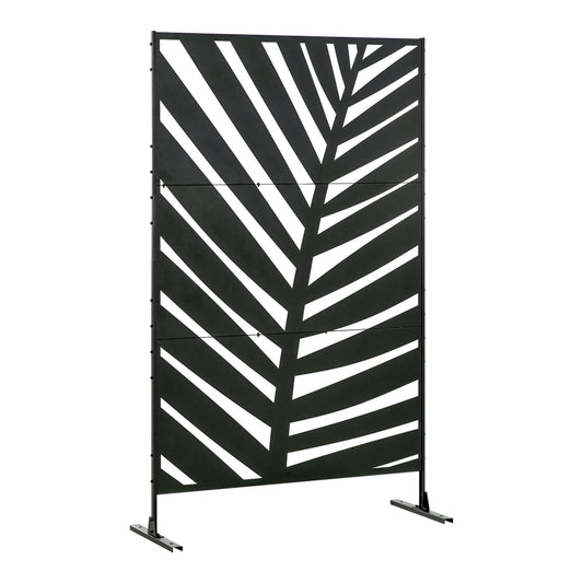 Outsunny Decorative Privacy Screen with Stand, a black metal panel with a banana leaf cut-out design and a freestanding base