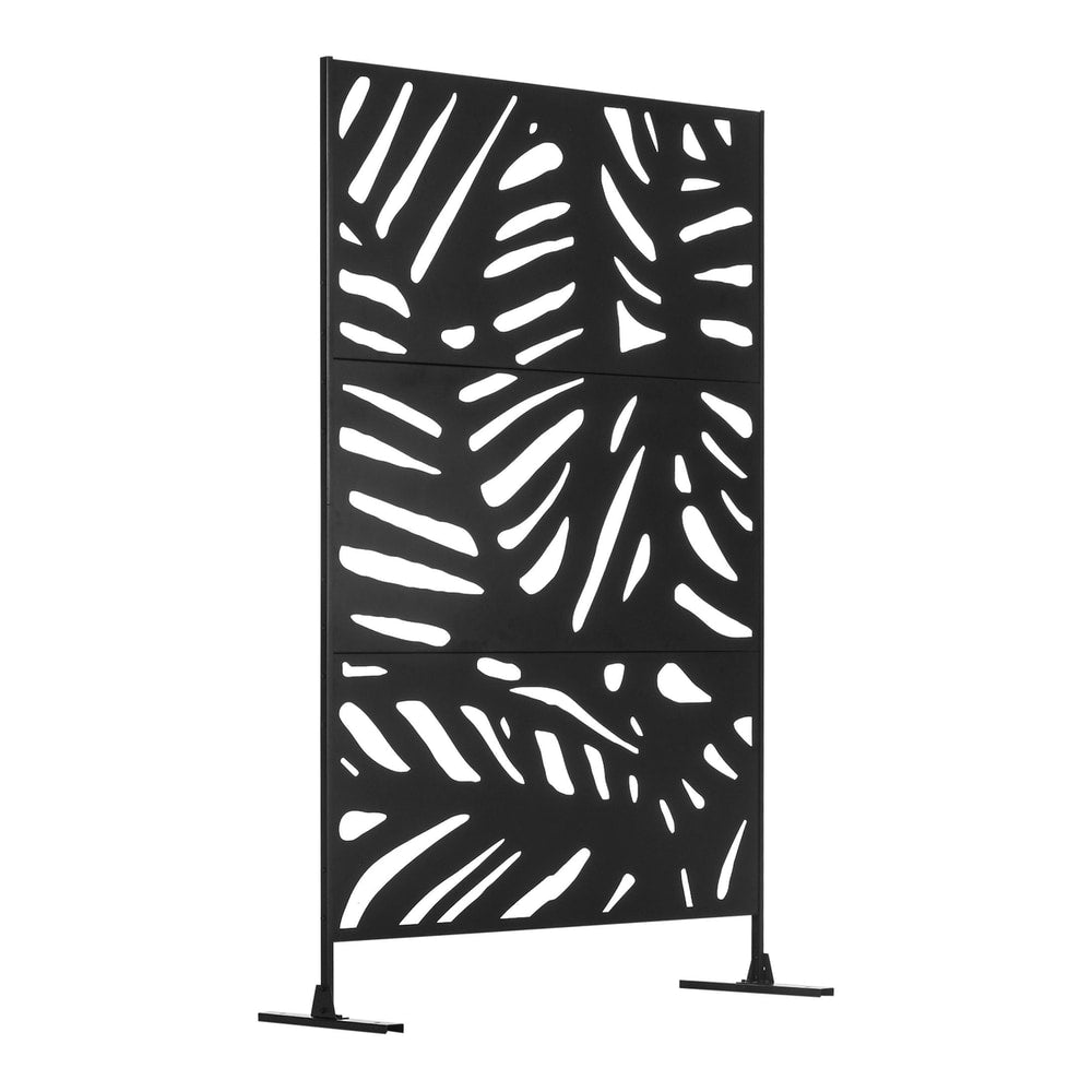 Outsunny Decorative Garden Privacy Screen with Stand, a black metal fence with a large leaf cut-out pattern