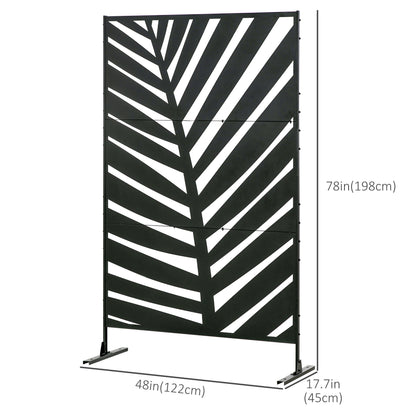 The decorative metal privacy screen showing its overall dimensions and banana leaf design