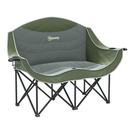 Outsunny Double Camping Chair for Adults with Armrests, a green and grey padded folding chair with cup holders