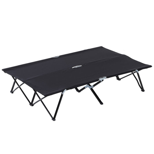 Outsunny Double Camping Cot Bed, a black foldable camping bed with a metal frame
