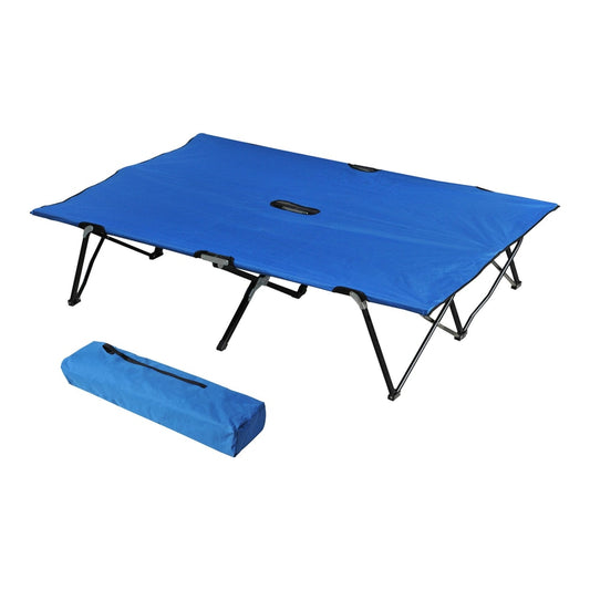 Outsunny Double Camping Cot Bed, a blue foldable camping bed with a carry bag next to it
