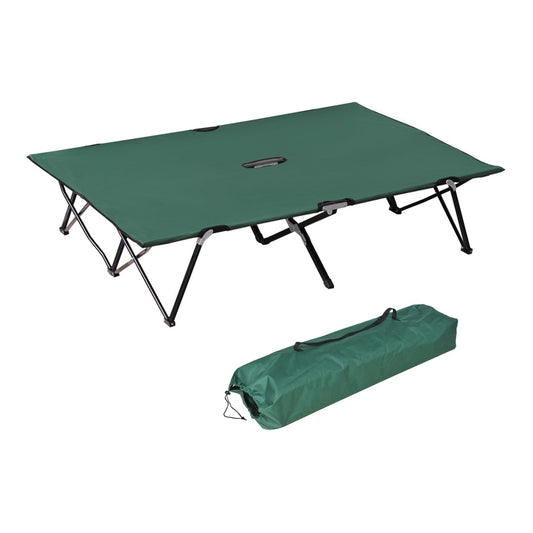Outsunny Double Camping Cot Bed, green fabric with black metal frame, shown with its carry bag