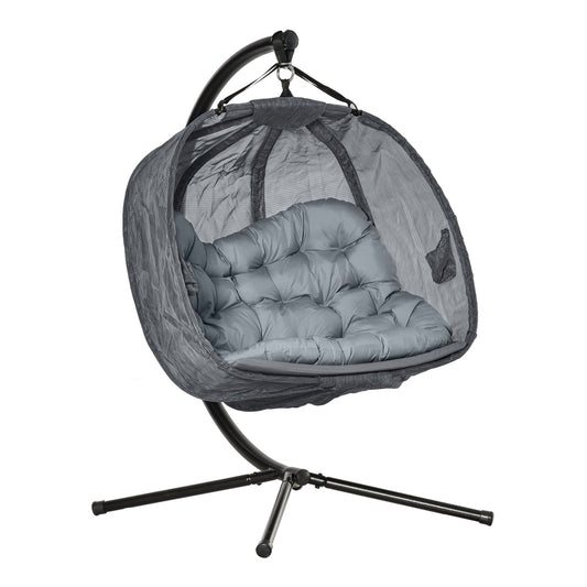 Outsunny Double Hanging Egg Chair with grey cushion and black stand