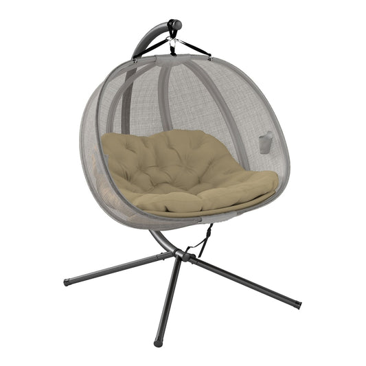 Outsunny Double Hanging Egg Chair with a beige cushion and black stand, shown from the front