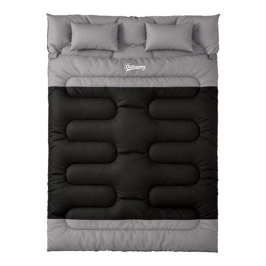 Outsunny Double Sleeping Bag with 2 Pillows, black and grey, laid flat with two pillows on top