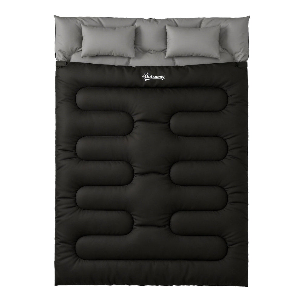 Outsunny Double Sleeping Bag with 2 Pillows laid flat showing the black outer and grey inner with two grey pillows