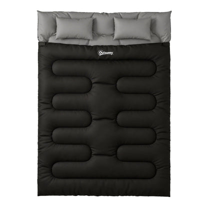 Outsunny Double Sleeping Bag with 2 Pillows laid flat showing the black outer and grey inner with two grey pillows