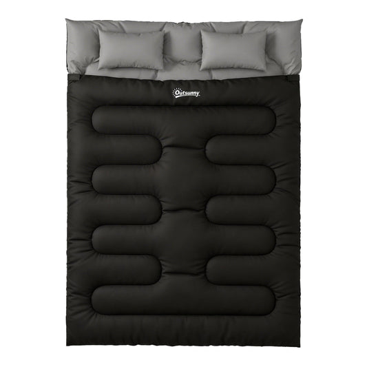 Outsunny Double Sleeping Bag with 2 Pillows laid flat showing the black outer and grey inner with two grey pillows