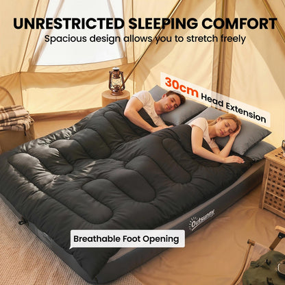 Two people sleeping comfortably in the spacious double sleeping bag inside a tent