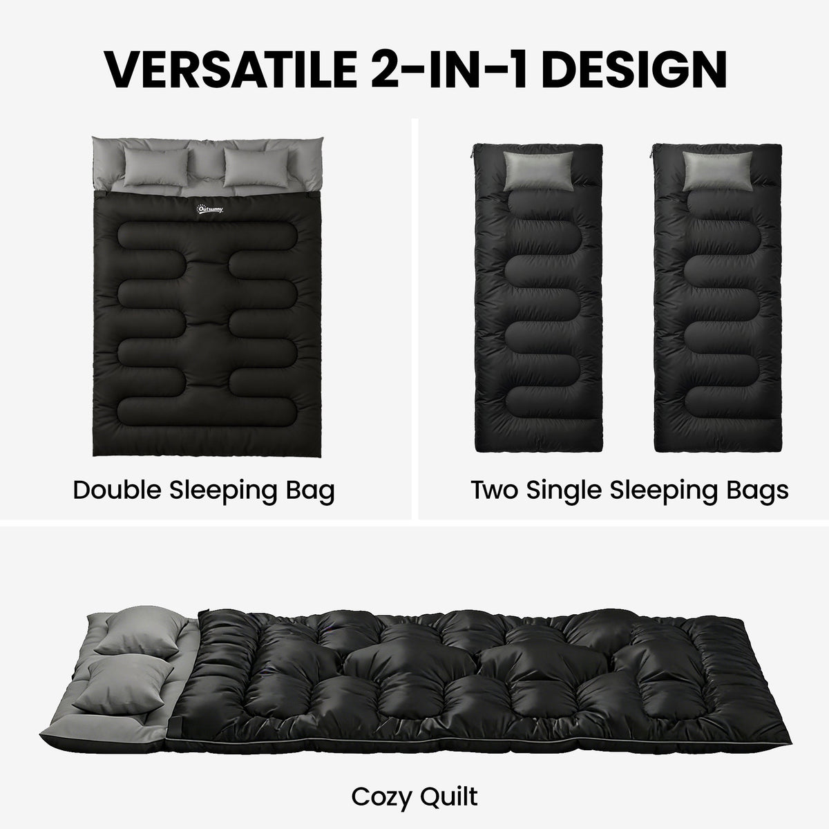 The double sleeping bag shown in three configurations: as a double, two singles, or a cozy quilt